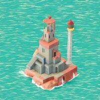 AI generated Isometric 3D Lighthouse Building in the Middle of Ocean Icon Clip Art Sticker Decoration Simple Background photo