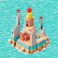 AI generated Isometric 3D Lighthouse Building in the Middle of Ocean Icon Clip Art Sticker Decoration Simple Background photo