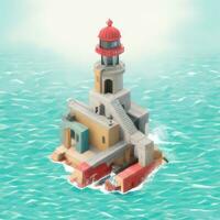 AI generated Isometric 3D Lighthouse Building in the Middle of Ocean Icon Clip Art Sticker Decoration Simple Background photo