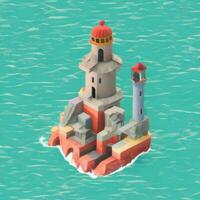 AI generated Isometric 3D Lighthouse Building in the Middle of Ocean Icon Clip Art Sticker Decoration Simple Background photo