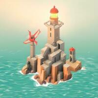 AI generated Isometric 3D Lighthouse Building in the Middle of Ocean Icon Clip Art Sticker Decoration Simple Background photo