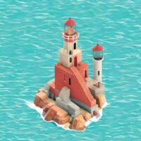 AI generated Isometric 3D Lighthouse Building in the Middle of Ocean Icon Clip Art Sticker Decoration Simple Background photo