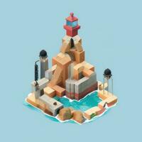 AI generated Isometric 3D Lighthouse Building in the Middle of Ocean Icon Clip Art Sticker Decoration Simple Background photo