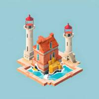 AI generated Isometric 3D Lighthouse Building in the Middle of Ocean Icon Clip Art Sticker Decoration Simple Background photo