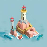 AI generated Isometric 3D Lighthouse Building in the Middle of Ocean Icon Clip Art Sticker Decoration Simple Background photo