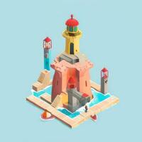 AI generated Isometric 3D Lighthouse Building in the Middle of Ocean Icon Clip Art Sticker Decoration Simple Background photo