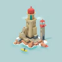 AI generated Isometric 3D Lighthouse Building in the Middle of Ocean Icon Clip Art Sticker Decoration Simple Background photo