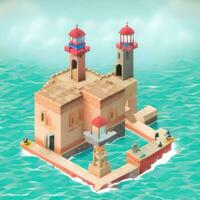 AI generated Isometric 3D Lighthouse Building in the Middle of Ocean Icon Clip Art Sticker Decoration Simple Background photo