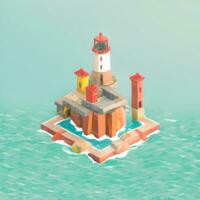 AI generated Isometric 3D Lighthouse Building in the Middle of Ocean Icon Clip Art Sticker Decoration Simple Background photo