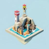 AI generated Isometric 3D Lighthouse Building in the Middle of Ocean Icon Clip Art Sticker Decoration Simple Background photo