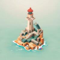 AI generated Isometric 3D Lighthouse Building in the Middle of Ocean Icon Clip Art Sticker Decoration Simple Background photo