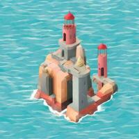 AI generated Isometric 3D Lighthouse Building in the Middle of Ocean Icon Clip Art Sticker Decoration Simple Background photo