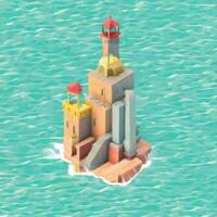 AI generated Isometric 3D Lighthouse Building in the Middle of Ocean Icon Clip Art Sticker Decoration Simple Background photo