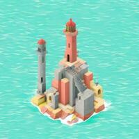 AI generated Isometric 3D Lighthouse Building in the Middle of Ocean Icon Clip Art Sticker Decoration Simple Background photo