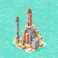 AI generated Isometric 3D Lighthouse Building in the Middle of Ocean Icon Clip Art Sticker Decoration Simple Background photo