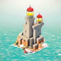 AI generated Isometric 3D Lighthouse Building in the Middle of Ocean Icon Clip Art Sticker Decoration Simple Background photo