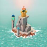 AI generated Isometric 3D Lighthouse Building in the Middle of Ocean Icon Clip Art Sticker Decoration Simple Background photo