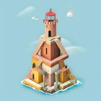 AI generated Isometric 3D Lighthouse Building in the Middle of Ocean Icon Clip Art Sticker Decoration Simple Background photo