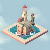 AI generated Isometric 3D Lighthouse Building in the Middle of Ocean Icon Clip Art Sticker Decoration Simple Background photo