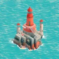 AI generated Isometric 3D Lighthouse Building in the Middle of Ocean Icon Clip Art Sticker Decoration Simple Background photo