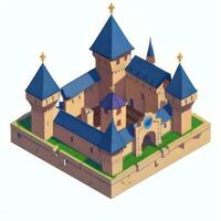 AI generated Isometric 3D Medieval Castle Building Icon Clip Art Sticker Decoration Simple Background photo