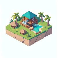 AI generated Isometric 3D Tropical Island Building Icon Clip Art Sticker Decoration Simple Background photo