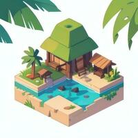 AI generated Isometric 3D Tropical Island Building Icon Clip Art Sticker Decoration Simple Background photo