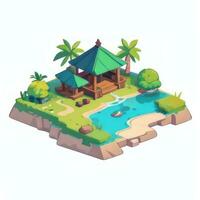 AI generated Isometric 3D Tropical Island Building Icon Clip Art Sticker Decoration Simple Background photo