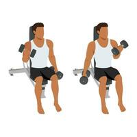 Man doing seated alternating bicep twist curl exercise. vector