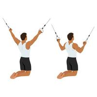 Man doing kneeling cable lat pulldown exercise. vector