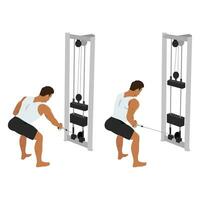 Man doing bent over one arm cable pull exercise. Cable One Arm Bent over Row. vector