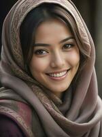 AI generated Beautiful Muslim woman smiling and laughing wearing a hijab and decorated shawl photo