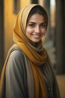 ai generado hermosa musulmán mujer sonriente y riendo vistiendo un hijab y decorado chal foto