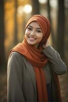 AI generated Beautiful Muslim woman smiling and laughing wearing a hijab and decorated shawl photo