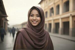 AI generated Beautiful Muslim woman smiling and laughing wearing a hijab and decorated shawl photo