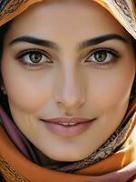 AI generated Beautiful Muslim woman smiling and laughing wearing a hijab and decorated shawl photo