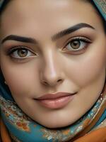 ai generado hermosa musulmán mujer sonriente y riendo vistiendo un hijab y decorado chal foto