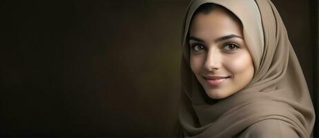 AI generated Beautiful Muslim woman smiling and laughing wearing a hijab and decorated shawl photo