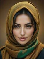 AI generated Beautiful Muslim woman smiling and laughing wearing a hijab and decorated shawl photo