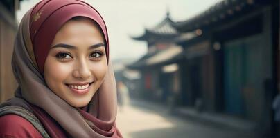 AI generated Beautiful Muslim woman smiling and laughing wearing a hijab and decorated shawl photo