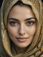 AI generated Beautiful Muslim woman smiling and laughing wearing a hijab and decorated shawl photo