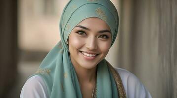 AI generated Beautiful Muslim woman smiling and laughing wearing a hijab and decorated shawl photo