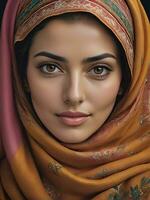 ai generado hermosa musulmán mujer sonriente y riendo vistiendo un hijab y decorado chal foto