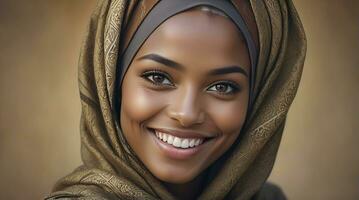 AI generated Beautiful Muslim woman smiling and laughing wearing a hijab and decorated shawl photo