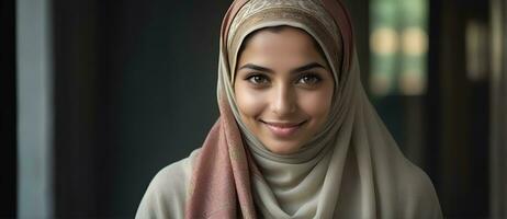 AI generated Beautiful Muslim woman smiling and laughing wearing a hijab and decorated shawl photo