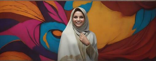 ai generado hermosa musulmán mujer sonriente y riendo vistiendo un hijab y decorado chal foto