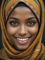 AI generated Beautiful Muslim woman smiling and laughing wearing a hijab and decorated shawl photo