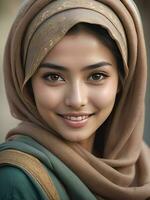 AI generated Beautiful Muslim woman smiling and laughing wearing a hijab and decorated shawl photo