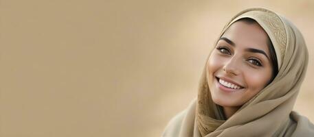 AI generated Beautiful Muslim woman smiling and laughing wearing a hijab and decorated shawl photo