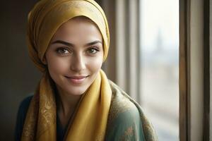 AI generated Beautiful Muslim woman smiling and laughing wearing a hijab and decorated shawl photo